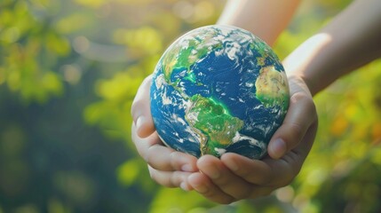 Poster - Person holding a small earth in their hands. Suitable for environmental concepts