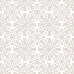 Wall Mural - Subtle vector ornamental geometric seamless pattern. Beige and white geometrical floral abstract background. Simple texture with flower silhouettes, lattice. Repeated geo design for decor, textile