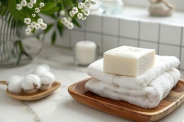 Poster - Stack of white towels on a wooden tray. Ideal for spa or hotel concept