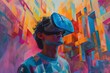 Paint an oil masterpiece depicting a person wearing a VR headset exploring a dream-like world Incorporate floating geometric shapes, distorted perspectives, and a sense of mystery
