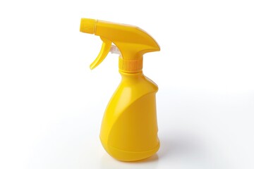 Poster - Yellow spray bottle placed on a clean white surface. Perfect for cleaning product advertisements