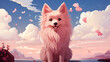 Illustration d'un petit chien, chiot blanc à poil longs. Fond de ciel bleu avec des nuages et des petits papillons qui volent. Mignon, beau. Pour conception et creation graphique. 