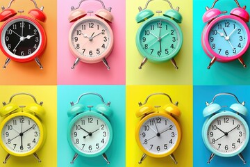 Poster - Four different colored alarm clocks on a vibrant background. Perfect for time management concepts