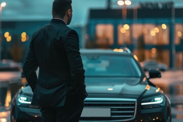 Poster - A man in a suit standing in front of a car. Suitable for business concept