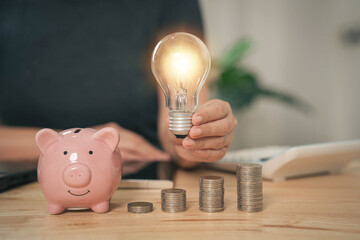 Poster - Businessman holds a light bulb on money. Ideas for saving energy. How to reduce electricity bills and increase savings. Saving money by saving electricity. Ideas for saving money and investing.