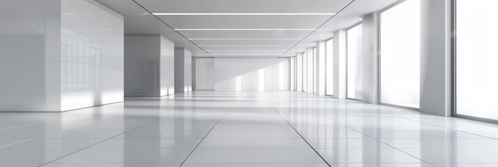 Poster - empty White empty room with white tile floor and ceiling with sunlight