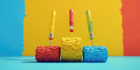 Aufkleber - Four different colored paint rollers, useful for various painting projects