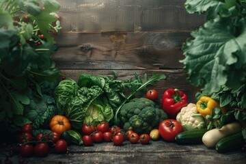 Poster - A variety of fresh vegetables displayed on a wooden table. Perfect for healthy eating concept