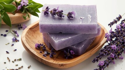 Poster - A pile of soap on a wooden plate. Suitable for hygiene and cleanliness concepts