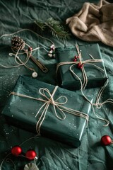 Poster - A bunch of wrapped presents on a bed. Perfect for holiday gift concept