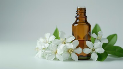 Poster - A bottle of essential oil next to a delicate flower, ideal for aromatherapy concepts