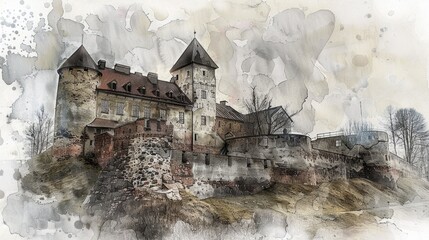 Poster - Detailed painting of a castle with a clock tower. Perfect for historical or architectural projects