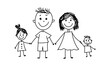 Childrens doodle drawing of happy family. Cheerful sketch parents holding hands of little boy and girl as symbol of strong and loving vector relationship