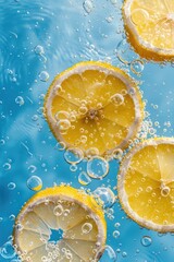 Poster - Fresh lemon slices floating in clear water. Suitable for food and beverage concepts