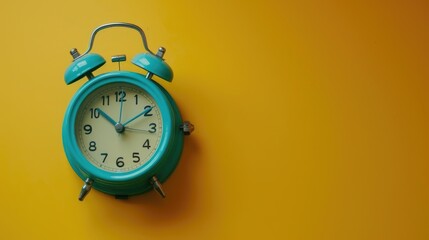 Poster - Simple green alarm clock hanging on a bright yellow wall. Ideal for time management concepts