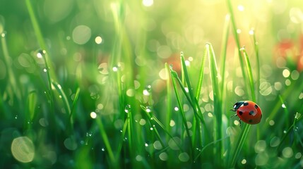 Aufkleber - A ladybug resting on a vibrant green field, perfect for nature backgrounds