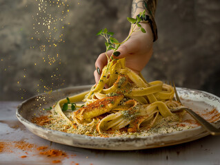 Wall Mural - Fettuccine pasta with cheese and herbs. Italian cuisine.