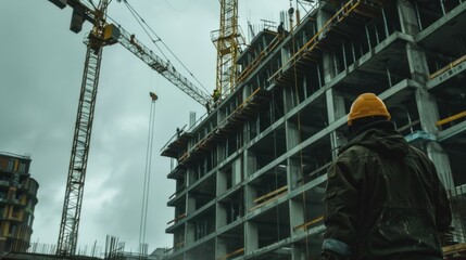 Wall Mural - A man standing in front of a building under construction. Suitable for construction industry concepts