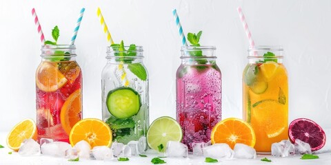 Poster - A row of mason jars filled with different types of drinks. Perfect for beverage or party concepts
