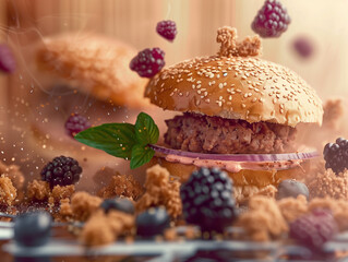 Wall Mural - Hamburger with blackberries and blueberries on a wooden background