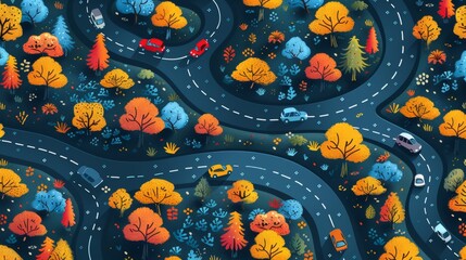 Modern seamless pattern with cartoon roads and cars. Fabric/wrapping paper cars pattern. Travel modern pattern. Childish roads and cars repeating background.