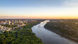Border between Brazil and Paraguay and connects Foz do Iguaçu to Ciudad del Este. Ponte da Amizade in Foz do Iguaçu. Aerial view of the Friendship Bridge with Paraná river..