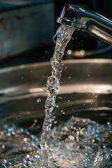 Poster - Close up view of water flowing from a faucet. Perfect for illustrating concepts of water conservation and usage