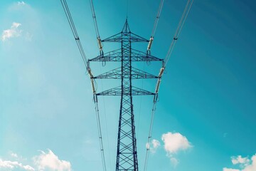 A high voltage tower with a blue sky in the background. Suitable for energy and technology concepts