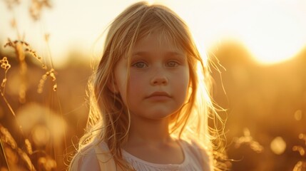 Poster - A young girl standing in a field of tall grass. Suitable for nature and outdoor themes
