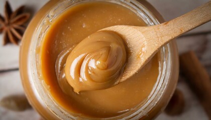 Wall Mural - Top view of dulce de leche in wooden spoon. Macro.