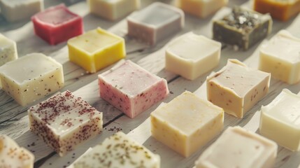 Aufkleber - Various types of soap displayed on a table, suitable for hygiene and beauty product concepts