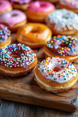 Poster - A variety of donuts displayed on a wooden cutting board. Perfect for food and bakery concepts