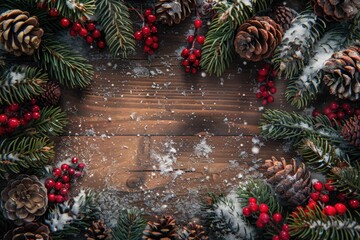 Aufkleber - A rustic wooden table decorated with pine cones and red berries. Perfect for holiday and winter-themed designs