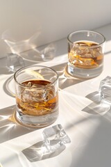 Poster - Two glasses of whiskey on a table, suitable for bar or restaurant concept