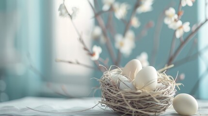 Poster - A nest filled with eggs on a table, perfect for spring or Easter themes