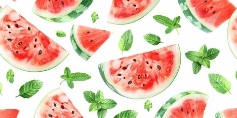 Poster - Fresh watermelon slices with mint leaves, perfect for summer designs