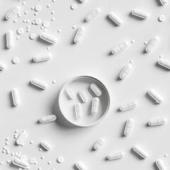 Poster - Magnifying glass surrounded by white pills, suitable for medical and pharmaceutical concepts