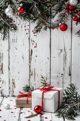 Sticker - Festive holiday decorations on a white wooden table. Perfect for Christmas themes