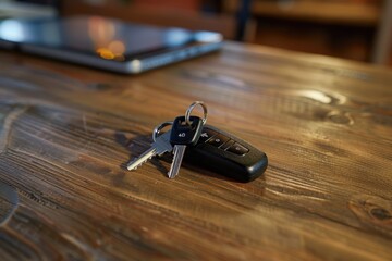 Poster - A couple of keys placed on a wooden table. Suitable for various concepts
