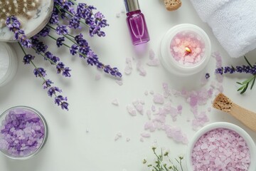 Poster - A white table adorned with purple and white bath salts. Ideal for spa or wellness concepts
