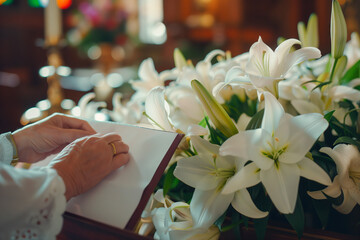Writing in a Guest Book Beside White Lilies. A guest pens a thoughtful note in a book, with a vibrant bouquet of white lilies in the foreground at an elegant event.