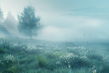 Poster - A peaceful landscape with a solitary tree. Suitable for nature and tranquility themes