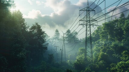 Poster - A scenic view of a forest with power lines in the foreground. Suitable for nature and technology concepts