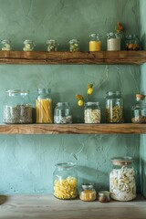 Aufkleber - A diverse selection of food items on a shelf, suitable for various culinary concepts