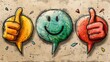 © Avve Diana - The feedback concept consists of green, red, yellow and blue speech bubbles with thumbs up and thumbs down. Like, dislike and undecided icons outlined in sketchy style. Pointing gesture hands.