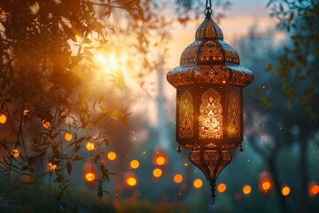 Wall Mural - Decorative Arabic lantern with burning candle, glowing in the night. Festive card, invitation to the holy holiday for Muslims Eid al adha