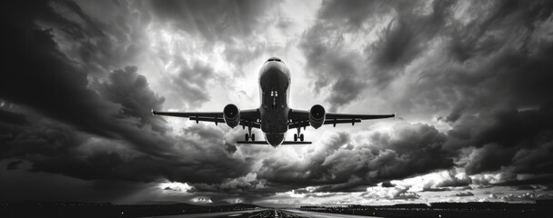 Canvas Print - A large jetliner flying through the clouds. Suitable for travel and transportation concepts