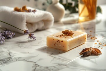 Poster - A simple soap bar on a counter. Suitable for hygiene or bathroom concepts