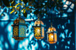 Islamic background with golden lanterns and shadows from moonlight for Eid greeting card with whitespace and blue theme. Eid and ramadan concept