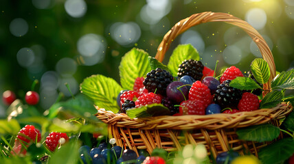 Canvas Print - different berries in a basket in the garden. selective focus.